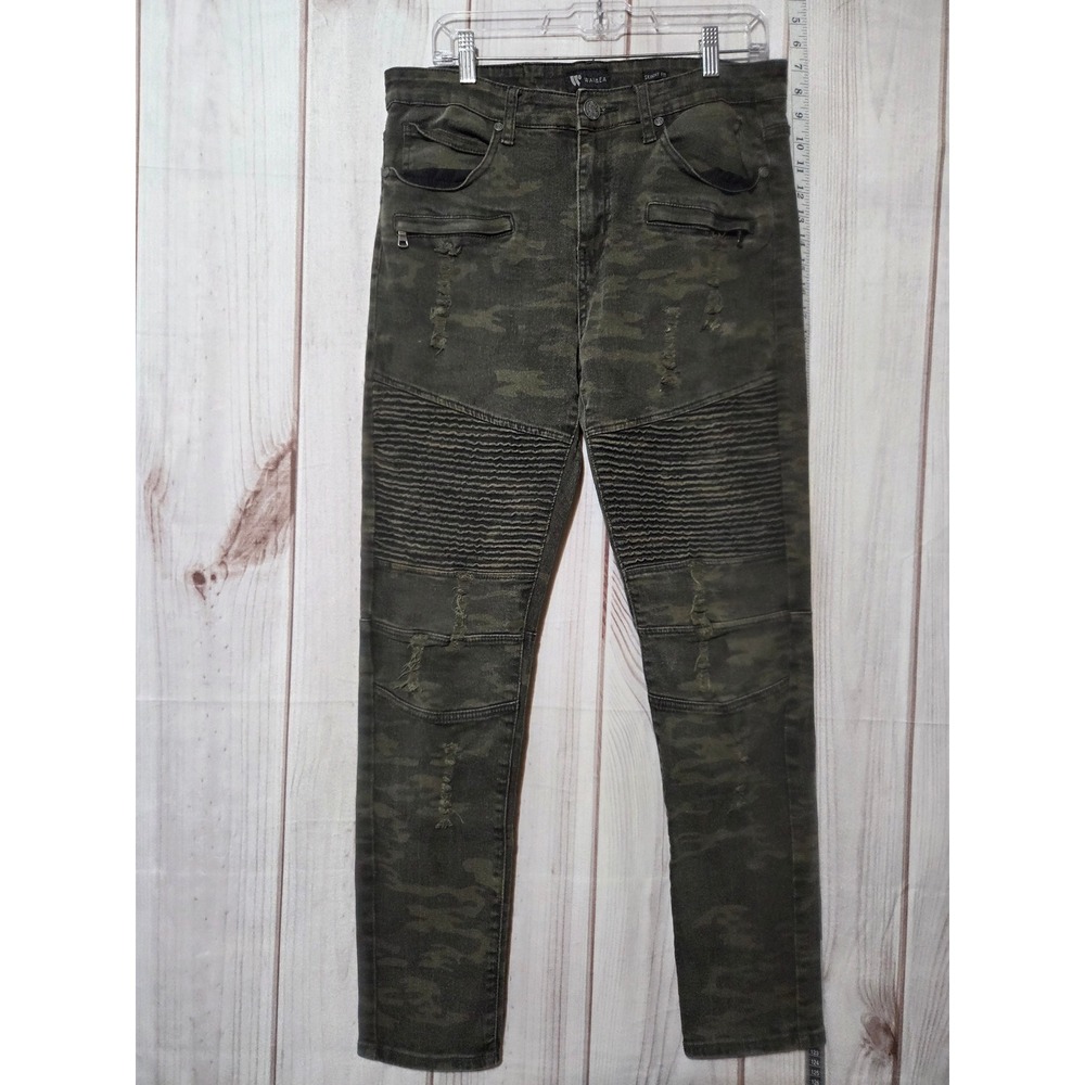 WAIMEA Mens Camo Moto Jeans Skinny Fit Distressed Ripped Zipper Pockets 34x32